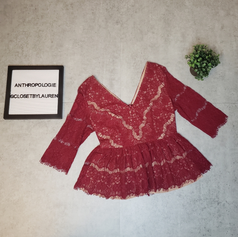 Anthropologie Maeve Red Needlelace Peplum Shirt